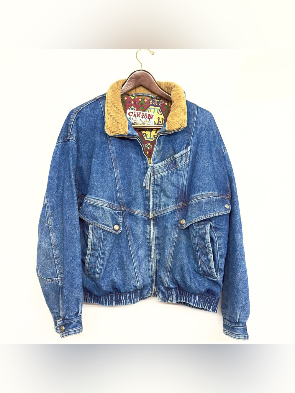 Vintage 90s Members Only Stone Canyon Denim Bomber Jacket Corduroy Trim Large